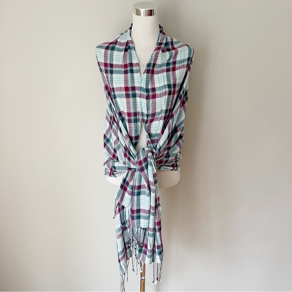 Gap Plaid Viscose Blue/Purple Fringe Scarf Wrap One Size